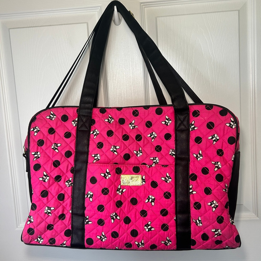 Betsey Johnson‎ Pink French Bulldog Polka Dot Quilted Duffel Bag Weekend Travel